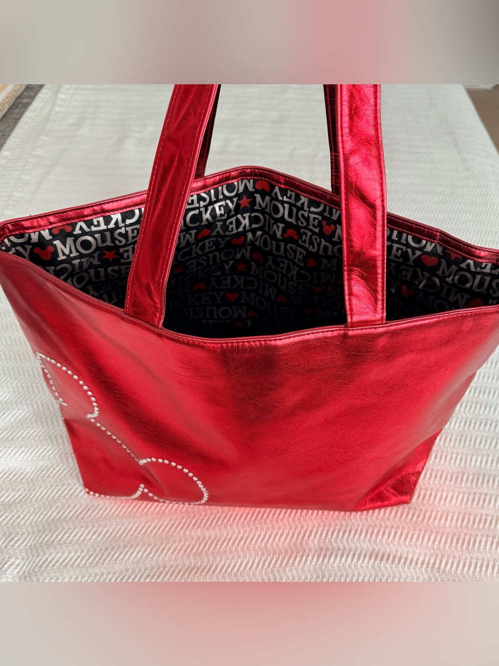 Disney Red Metallic Tote with Rhinestone Mickey Outline
